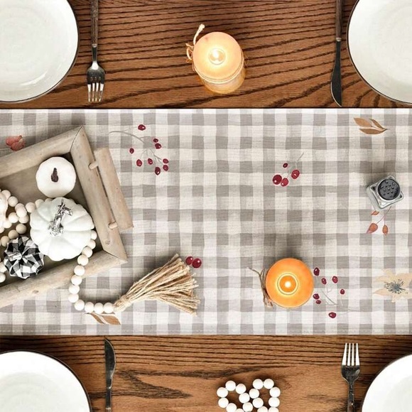 NWT- Gray & White Buffalo Check- Give Thanks π»π Mason Jars Table Runner 72x13 - Picture 3 of 6